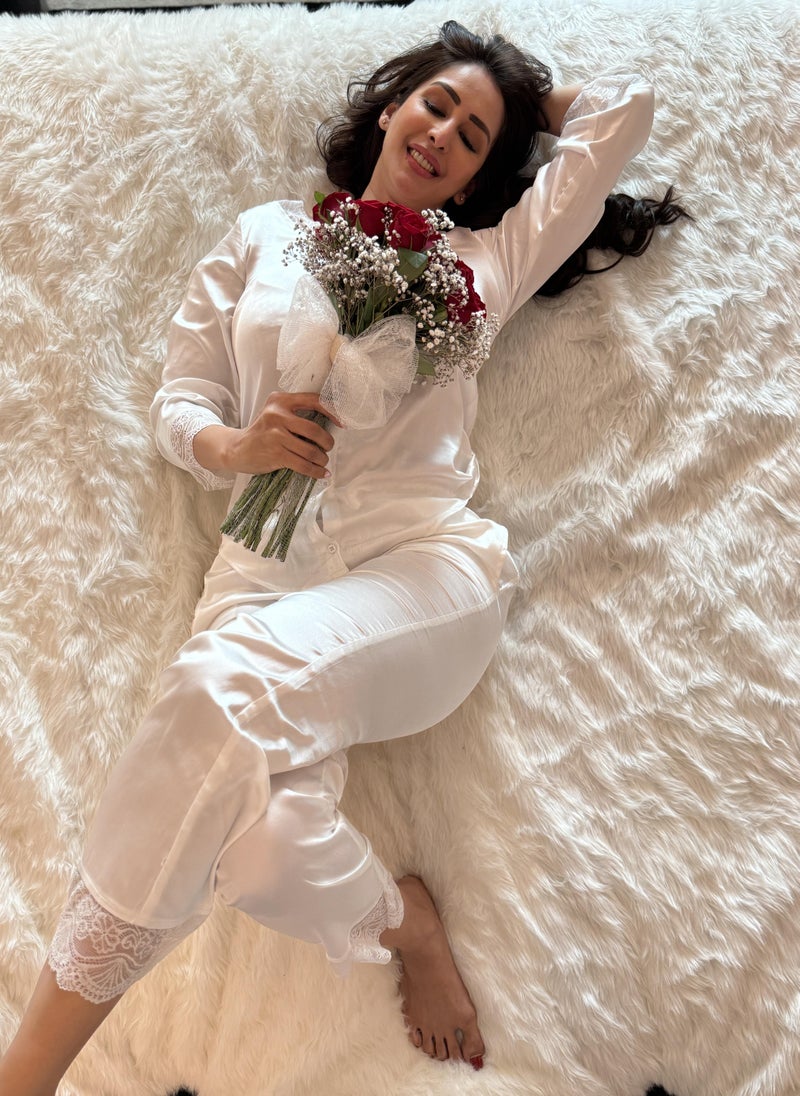 Ammarzo Satin Lace Trim Button-Up Shirt and Pyjama Trouser Set for Women - Image 5