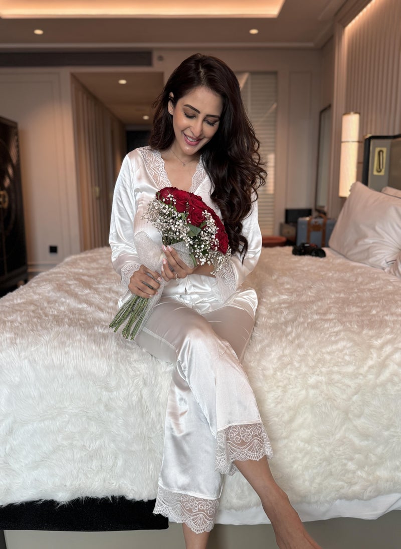 Ammarzo Satin Lace Trim Button-Up Shirt and Pyjama Trouser Set for Women - Image 2