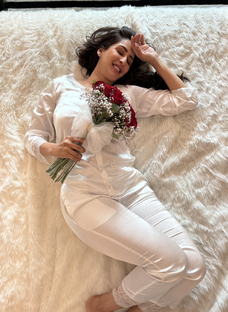 Ammarzo Satin Lace Trim Button-Up Shirt and Pyjama Trouser Set for Women - Image 4
