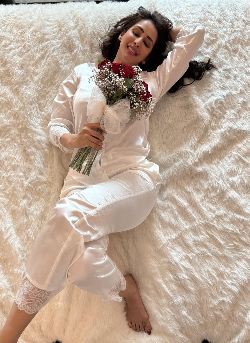 أمارزو طقم قميص بأزرار وسروال بيجاما نسائي من أمارزو، مزين بالدانتيل الساتان - Image 5