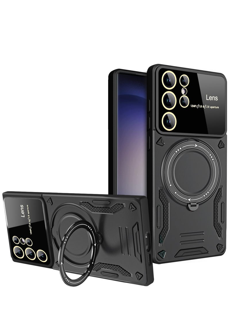 Mmmon Compatible With For Samsung Galaxy S23 Ultra Case with 360° Rotatable Magnetic Ring Stand, Large Window Design Compatible with Magsafe, Protection Shockproof Phone Cover for Women Men Black - Image 1