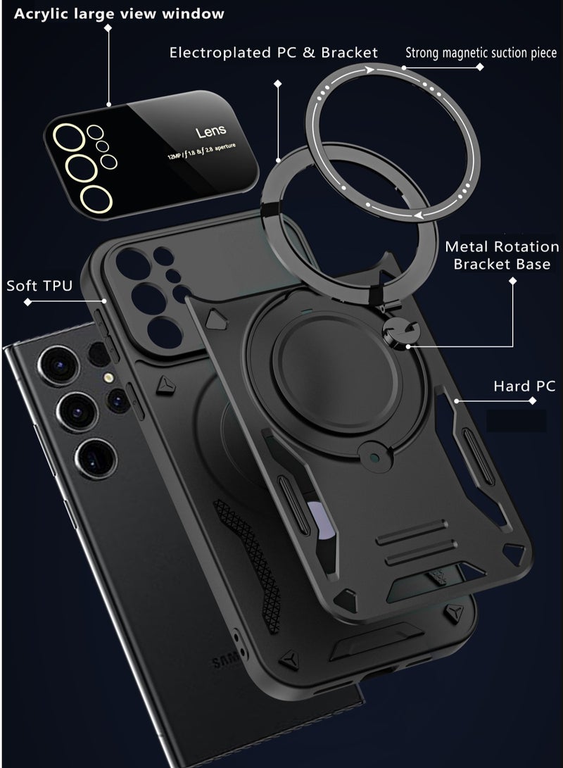 Mmmon Compatible With For Samsung Galaxy S23 Ultra Case with 360° Rotatable Magnetic Ring Stand, Large Window Design Compatible with Magsafe, Protection Shockproof Phone Cover for Women Men Black - Image 4