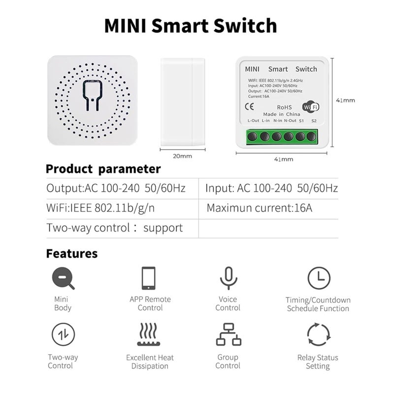 مفتاح إضاءة ذكي عبر واي فاي، وحدة قاطع DIY مصغرة، متوافق مع توبا/سمارت لايف، أليكسا، جوجل هوم، يناسب خلف مفتاح الحائط ذو التأرجح، يدعم مفتاح أحادي/ثنائي الاتجاه، يحتاج سلك محايد (عبوة واحدة) - Image 2