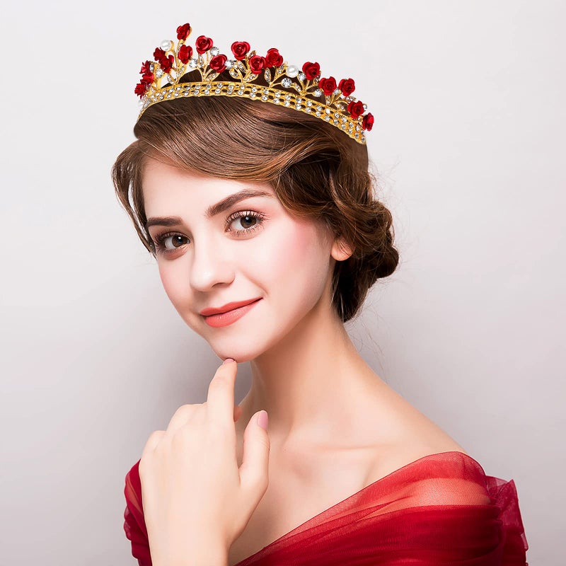 Lurrose Rose Tiaras for Women - Bride Headdress Wedding Hair Crown Rhinestone Tiara - Image 3