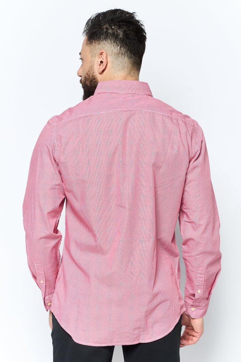 Chaps Men Regular Fit Micro Checkered Print Long Sleeve Casual Shirt, Red - Image 3