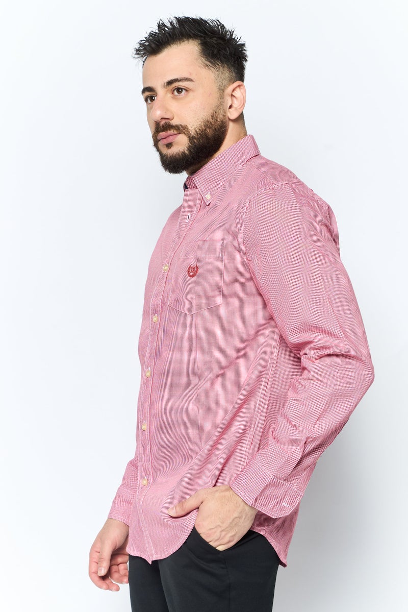 Chaps Men Regular Fit Micro Checkered Print Long Sleeve Casual Shirt, Red - Image 4