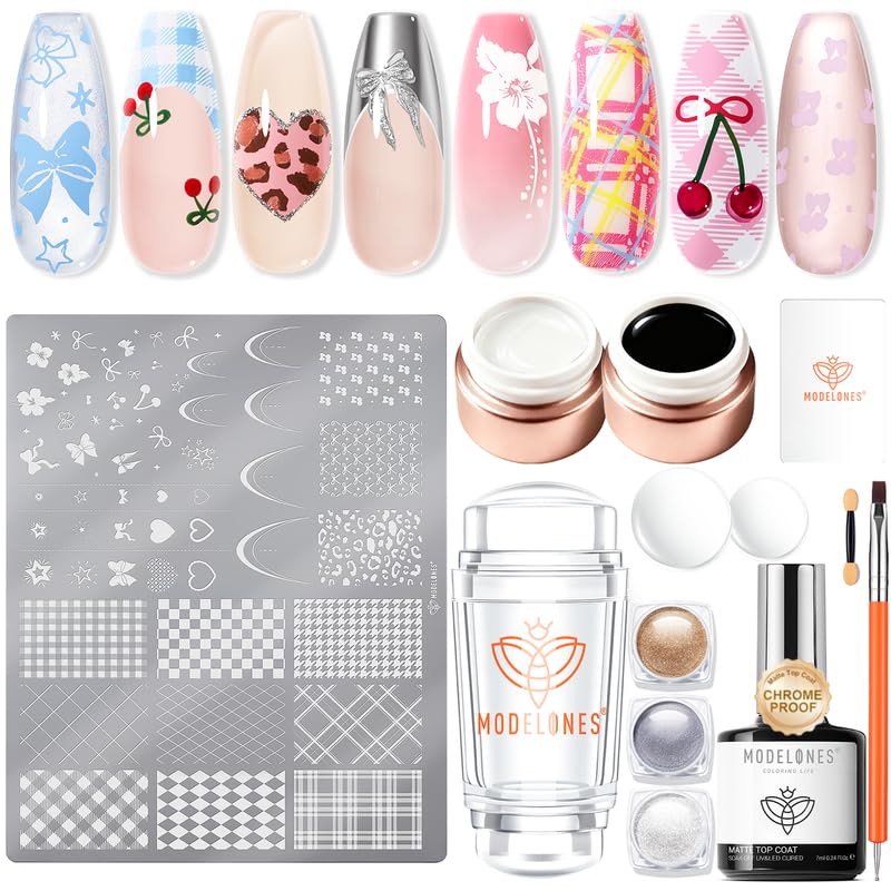 Modelones 16PCS Plaid Nail Stamping Kit â€“ French Tip Stamper White Black Painting Gel Polish Chrome Powder Proof Matte Gel Top Coat Gingham Template Dual Nail Art Brush Spring Manicure Gift for Women - Image 1