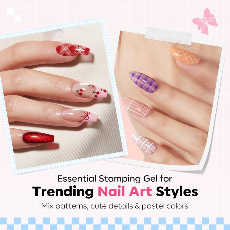 Modelones 16PCS Plaid Nail Stamping Kit â€“ French Tip Stamper White Black Painting Gel Polish Chrome Powder Proof Matte Gel Top Coat Gingham Template Dual Nail Art Brush Spring Manicure Gift for Women - Image 2