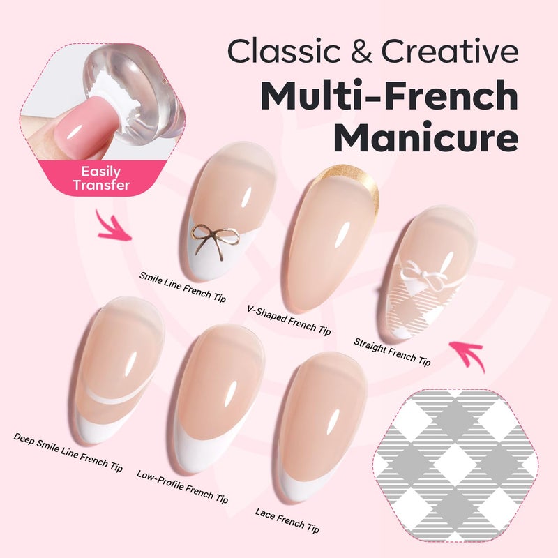 Modelones 16PCS Plaid Nail Stamping Kit â€“ French Tip Stamper White Black Painting Gel Polish Chrome Powder Proof Matte Gel Top Coat Gingham Template Dual Nail Art Brush Spring Manicure Gift for Women - Image 4