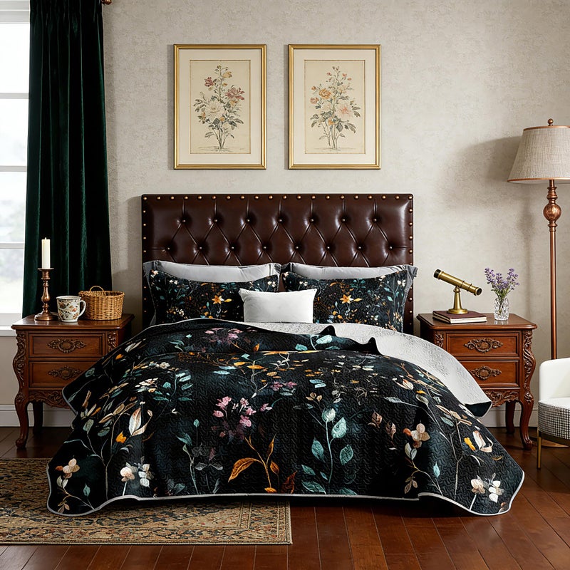 UEVBF Floral Quilt Set King Size,3 Pieces Flower Parrten Bed Sets,Garden Style Soft Lightweight Bedding Set with 2 Pillowcases,Colorful Bedding for Adults Kids. - Image 1