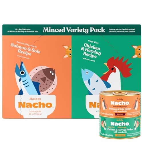 Made by Nacho Premium Minced Wet Canned Cat Food with Hydrating Bone Broth 3.0oz (Variety Pack (12 Count) - Chicken and Herring, Salmon and Sole) - Image 1