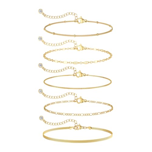 MBW 14K Gold Plated Bracelet Set for Women, Dainty Layered Bracelet Stack Simple Tiny Satellite Figaro Snake Chain Box Bracelets Cute Thin Minimalist Fashion Jewelry Gifts for Women Trendy - Image 1
