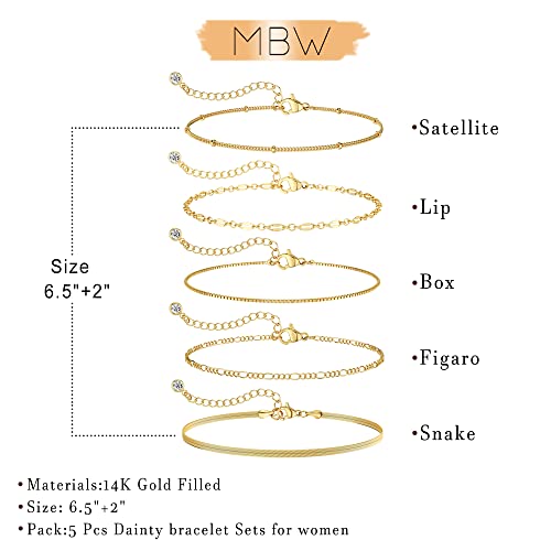 MBW 14K Gold Plated Bracelet Set for Women, Dainty Layered Bracelet Stack Simple Tiny Satellite Figaro Snake Chain Box Bracelets Cute Thin Minimalist Fashion Jewelry Gifts for Women Trendy - Image 5