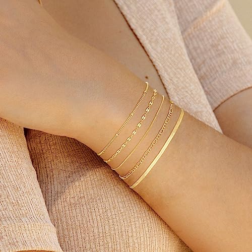 MBW 14K Gold Plated Bracelet Set for Women, Dainty Layered Bracelet Stack Simple Tiny Satellite Figaro Snake Chain Box Bracelets Cute Thin Minimalist Fashion Jewelry Gifts for Women Trendy - Image 2
