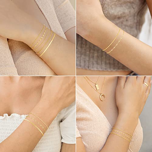 MBW 14K Gold Plated Bracelet Set for Women, Dainty Layered Bracelet Stack Simple Tiny Satellite Figaro Snake Chain Box Bracelets Cute Thin Minimalist Fashion Jewelry Gifts for Women Trendy - Image 4
