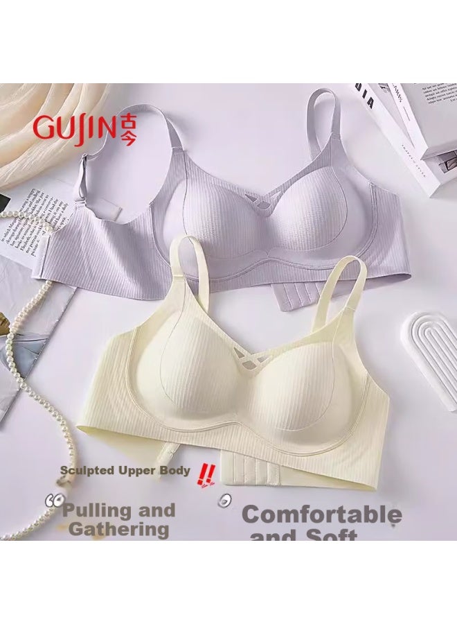 Gujin Push-up Seamless Bra Women's Soft Support Backless Bra White XL - Image 4