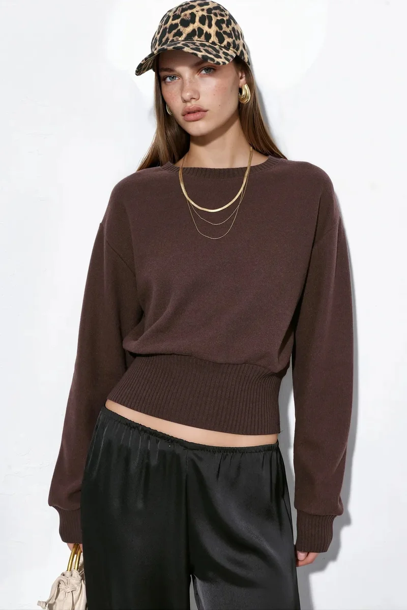 BUSEM Women's Ribbed Crop Crew Neck Sweater