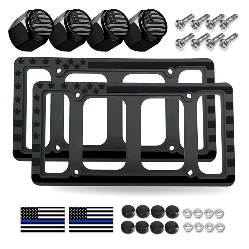 FBJTDQ Silicone American Flag License Plate Frames- Rustproof Patriotic Gloss USA Stars and Stripes Flag Black Car Tag Holder Cover, 2 Pack for Front and Rear, with Mount Screws Caps, Automotive Accessories - Image 1