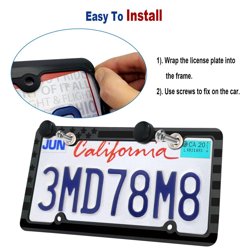 FBJTDQ Silicone American Flag License Plate Frames- Rustproof Patriotic Gloss USA Stars and Stripes Flag Black Car Tag Holder Cover, 2 Pack for Front and Rear, with Mount Screws Caps, Automotive Accessories - Image 5