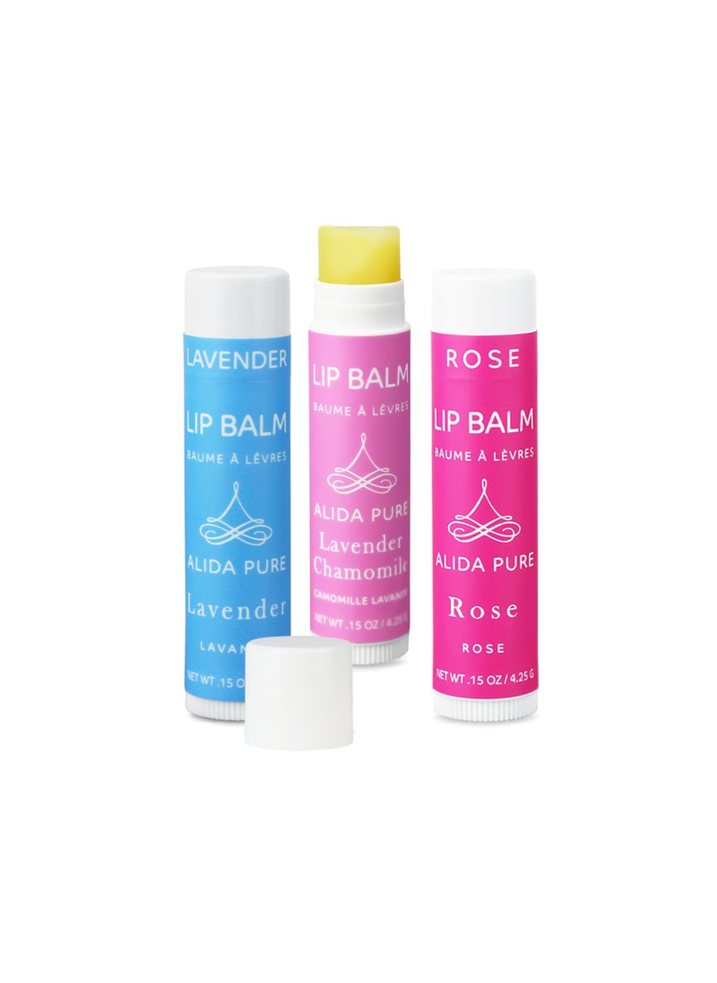 ALIDA PURE - ALIDA PURE Floral Lip Balm Collection, Vegan Lip Balm Set, Beeswax Free, with Avocado Oil, Organic Jojoba Oil, and Vitamin E, Natural Moisturizer for Dry, Chapped or Cracked Lips, 3 Tube Set - Image 1