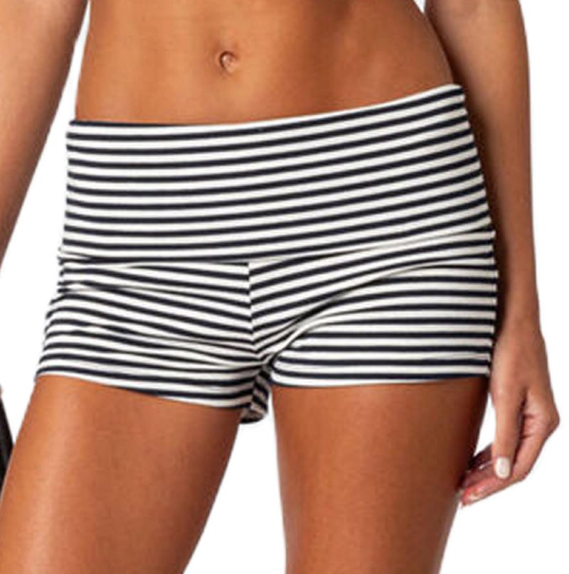 KMBANGI Women Fold Over Shorts Elastic Waist Y2k Lounge Shorts Foldover Cute Pajama Bottoms Soft Sleepwear(Basic Striped Black,L) - Image 1