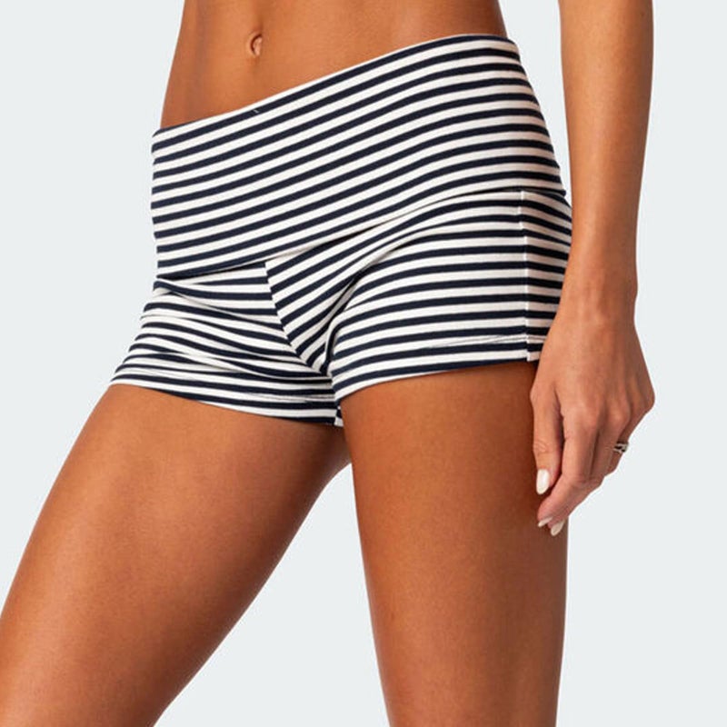 KMBANGI Women Fold Over Shorts Elastic Waist Y2k Lounge Shorts Foldover Cute Pajama Bottoms Soft Sleepwear(Basic Striped Black,L) - Image 5