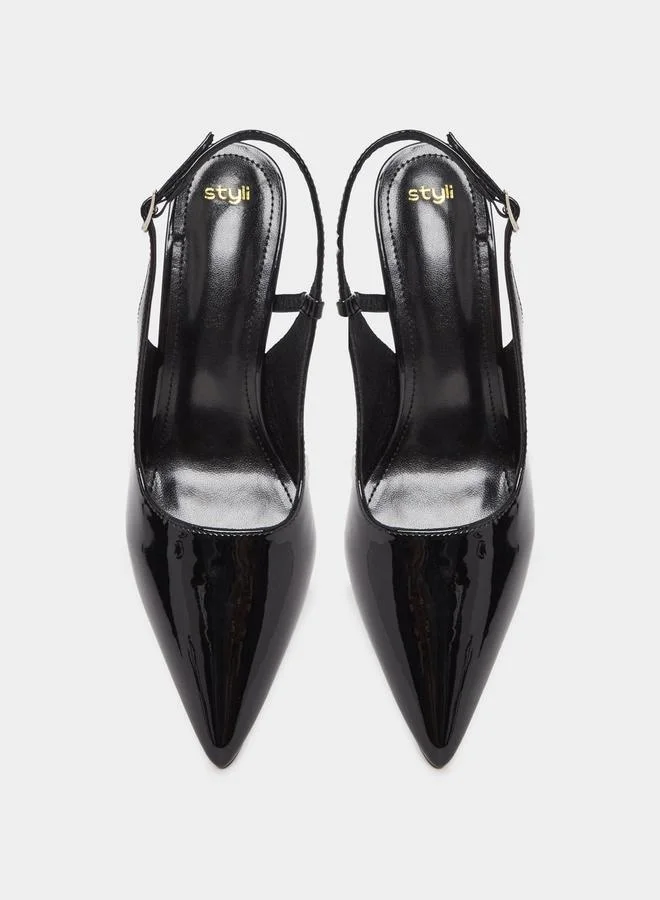 Styli Patent Leather Finish Slingback Kitten Heel Pumps