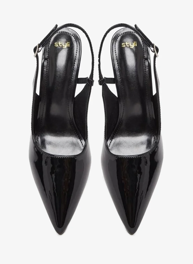 ستايلي حذاء بكعب رفيع من الجلد اللامع بحزام خلفي