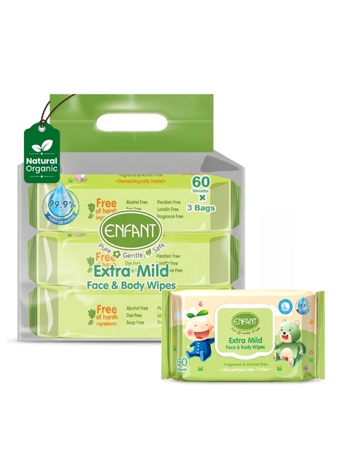 ENFANT Extra Mild Face & Body Wipes - 3 Packs 180 Wipes, 99.97% Pure Water, Fragrance Free Alcohol Free, Ultra Soft & Gentle for Sensitive Skin, Paraben Free, Hypoallergenic