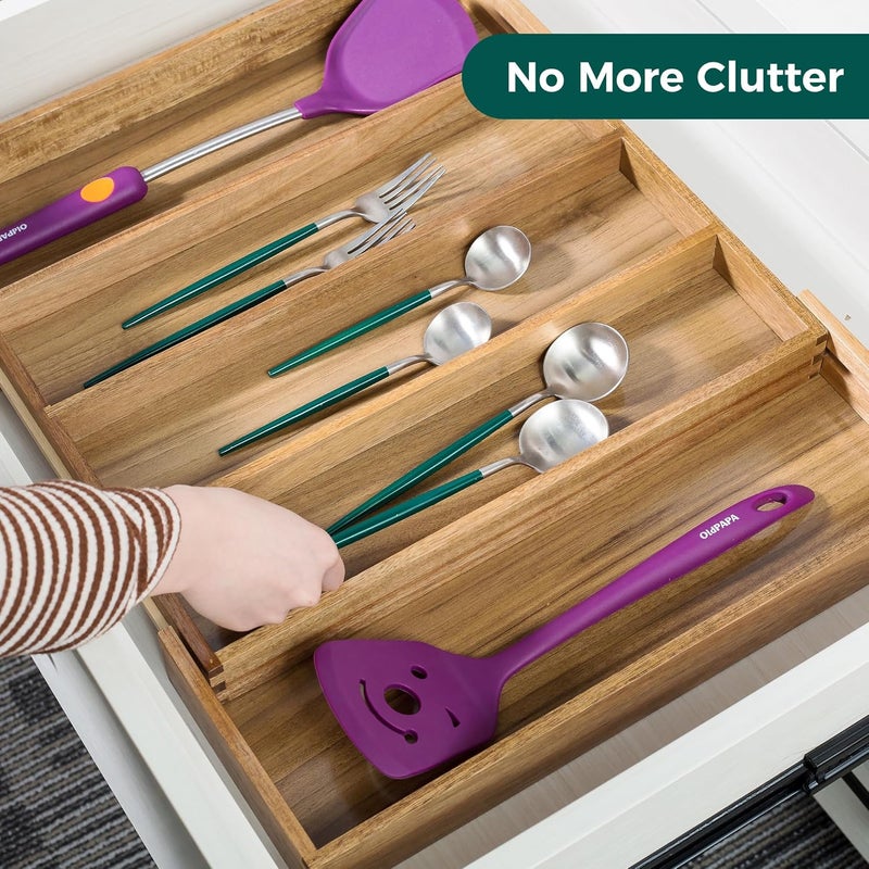 Utoplike Acacia Kitchen Drawer Organizer Expandable Large Utensils and Cutlery Tray Adjustable Silverware Divider for Knives Flatware - Image 2