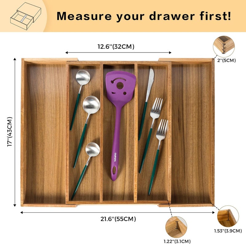 Utoplike Acacia Kitchen Drawer Organizer Expandable Large Utensils and Cutlery Tray Adjustable Silverware Divider for Knives Flatware - Image 3