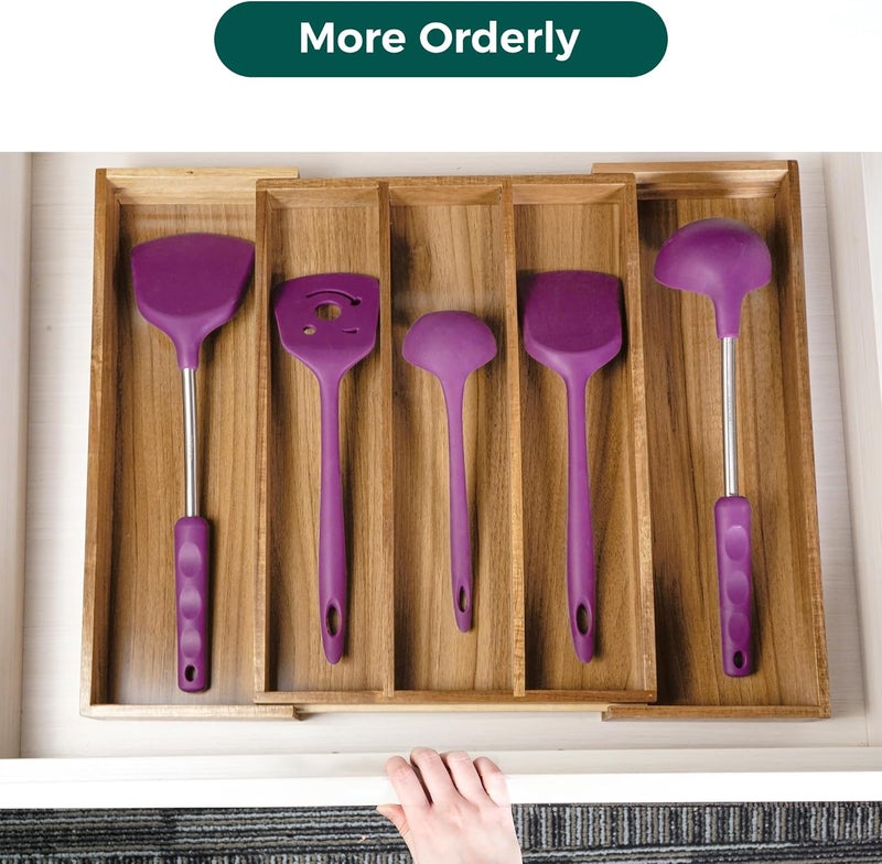 Utoplike Acacia Kitchen Drawer Organizer Expandable Large Utensils and Cutlery Tray Adjustable Silverware Divider for Knives Flatware - Image 4