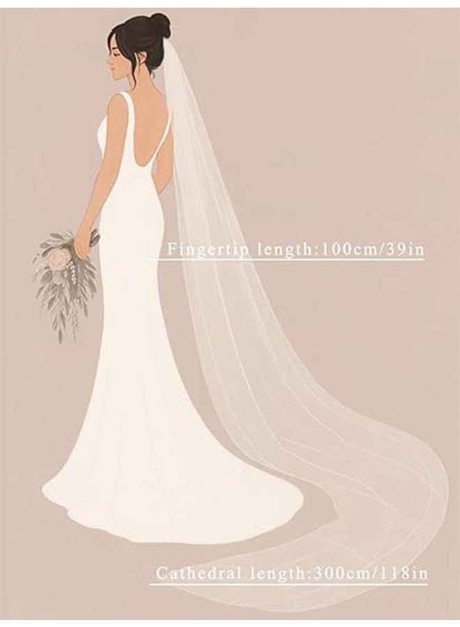 طرحة زفاف طويلة بتصميم الكاتدرائية، طرحة زفاف طويلة من التول بطبقة واحدة للنساء - Image 3
