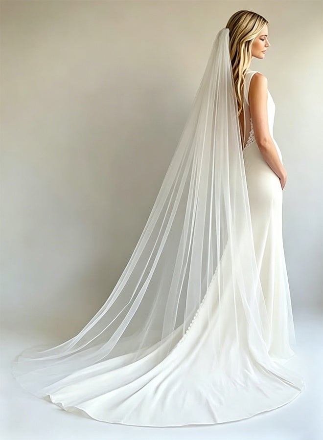 طرحة زفاف طويلة بتصميم الكاتدرائية، طرحة زفاف طويلة من التول بطبقة واحدة للنساء - Image 1