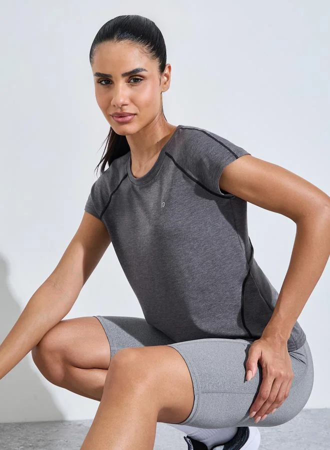 Charcoal Solid Cut Out Back Activewear T-Shirt