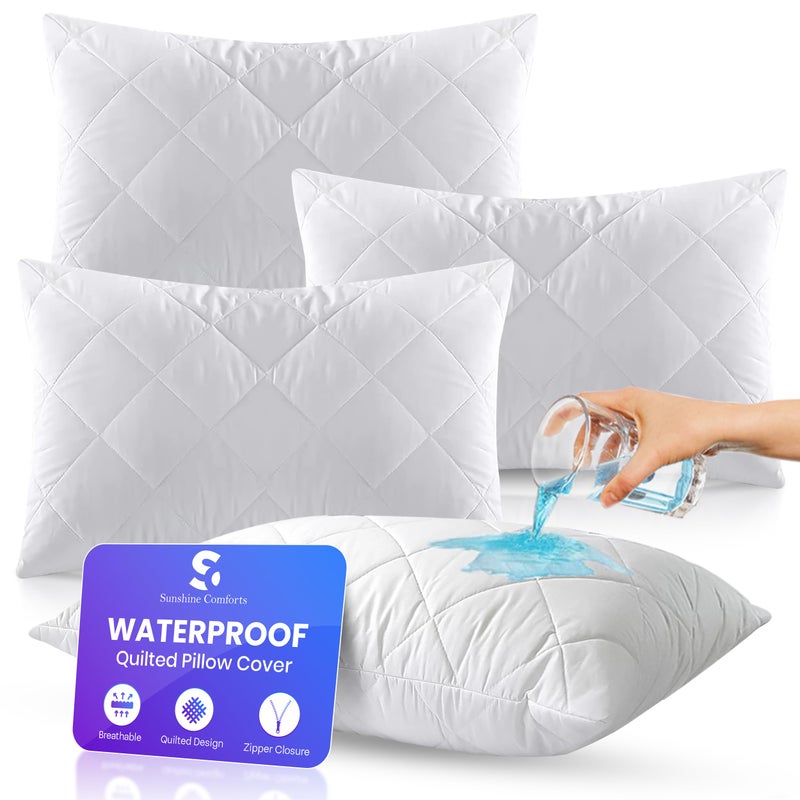 Sunshine Comforts حماة الوسائد المبطنة المقاومة للماء من صن شاين كومفورتس 4 عبوات أغطية وسائد فاخرة بسحاب ناعمة قابلة للتنفس واقية من الحساسية بيضاء 50 × 75 سم
