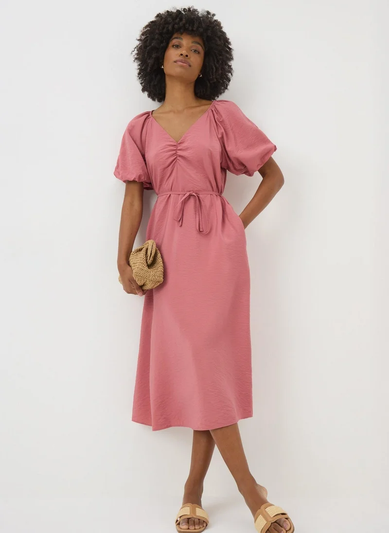 Matalan Pink Puff Sleeve Tie Detail Midi Dress