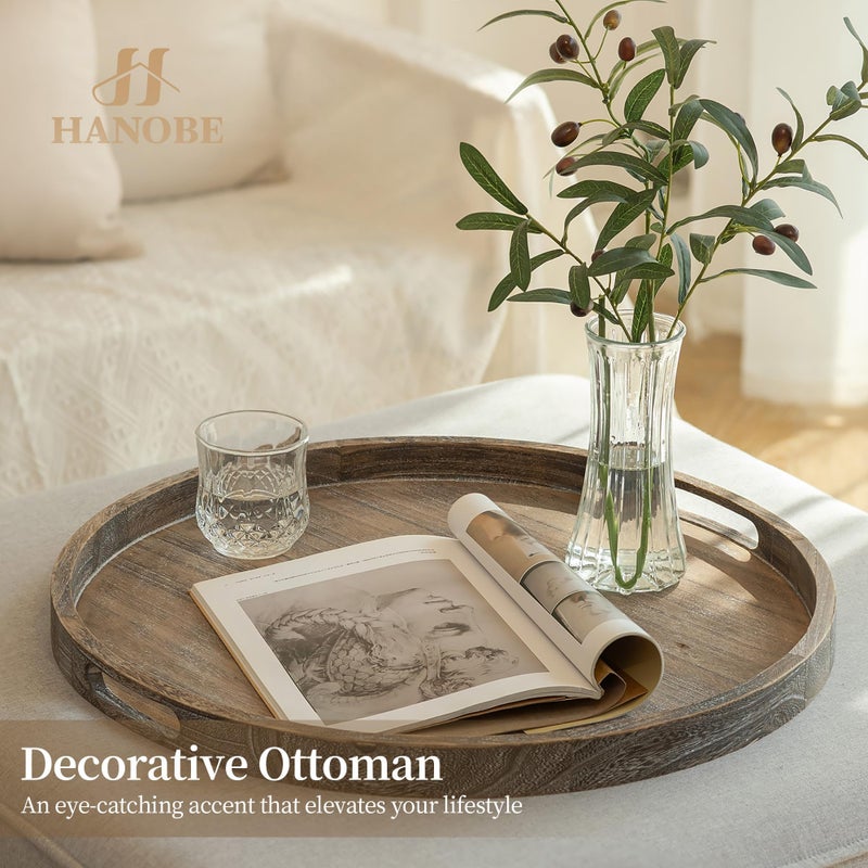 Hanobe Ottoman Tray for Living Room: 22" Decorative Wooden Trays with Handles for Living Room Home Decor Farmhouse Rustic Round Topper for Coffee Table - Image 2