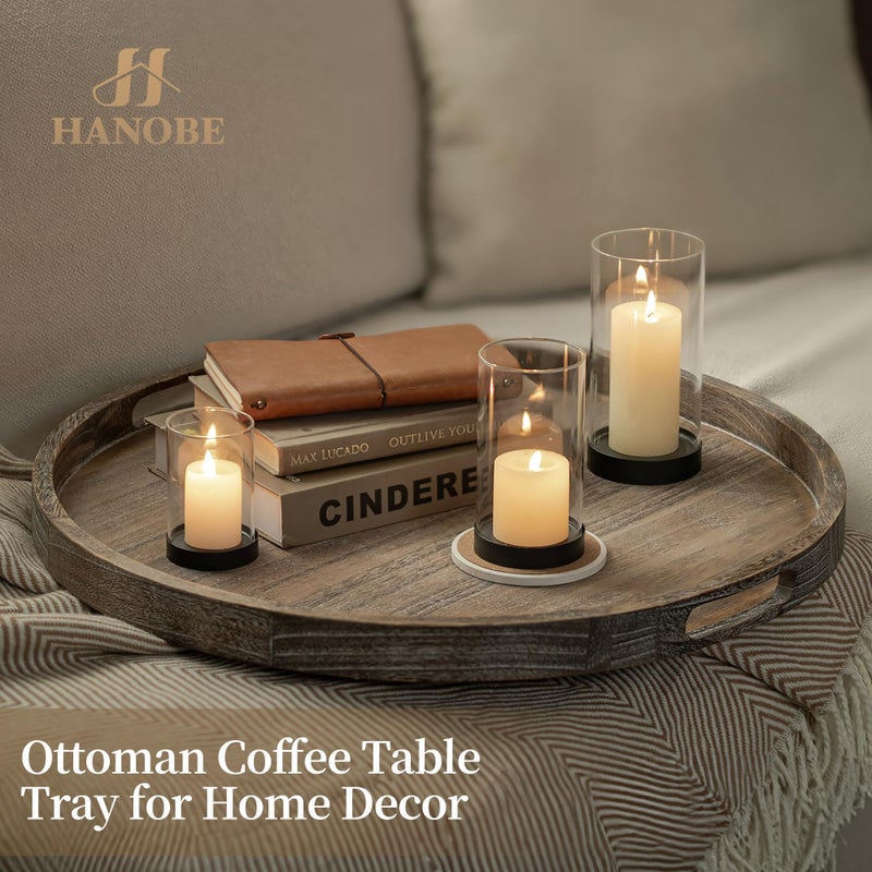 Hanobe Ottoman Tray for Living Room: 22" Decorative Wooden Trays with Handles for Living Room Home Decor Farmhouse Rustic Round Topper for Coffee Table - Image 5
