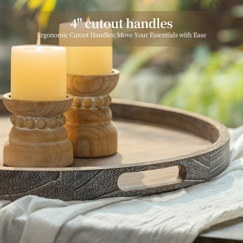 Hanobe Ottoman Tray for Living Room: 22" Decorative Wooden Trays with Handles for Living Room Home Decor Farmhouse Rustic Round Topper for Coffee Table - Image 4