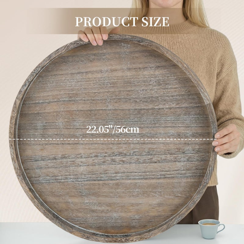 Hanobe Ottoman Tray for Living Room: 22" Decorative Wooden Trays with Handles for Living Room Home Decor Farmhouse Rustic Round Topper for Coffee Table - Image 3