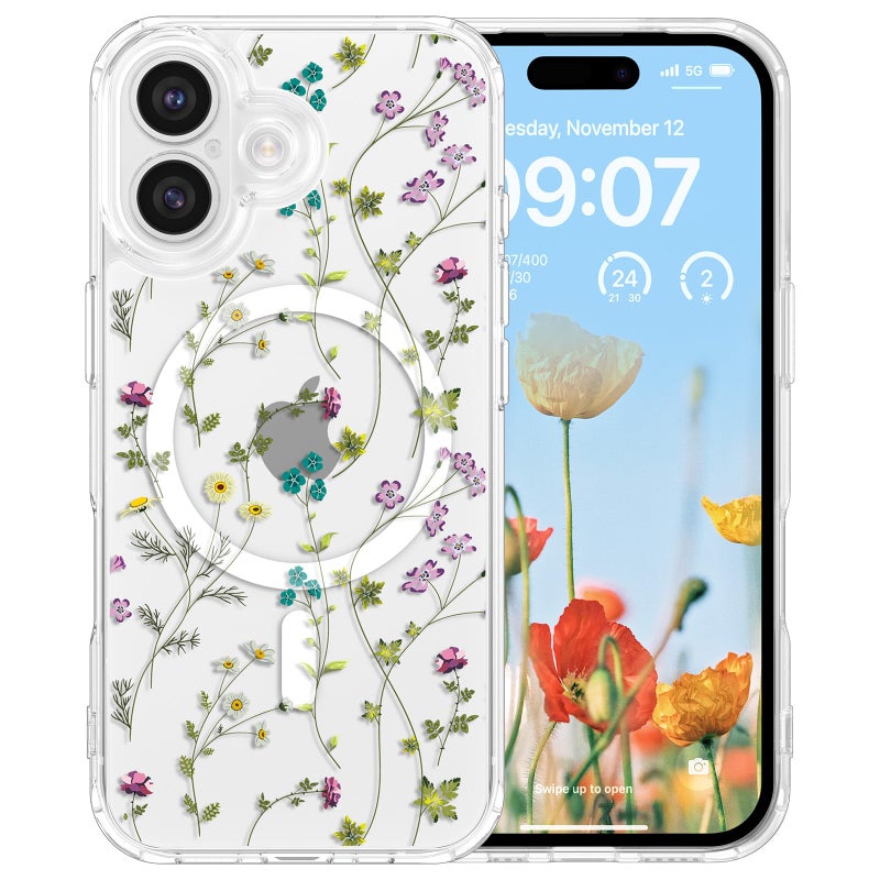 RALEAVO for iPhone 17 Case Compatible with MagSafe Clear Floral Cover with Flower Branch Pattern for Girls Women Slim Cute Hard Back Shockproof Phone Case for iPhone 17,Transparent - Image 1