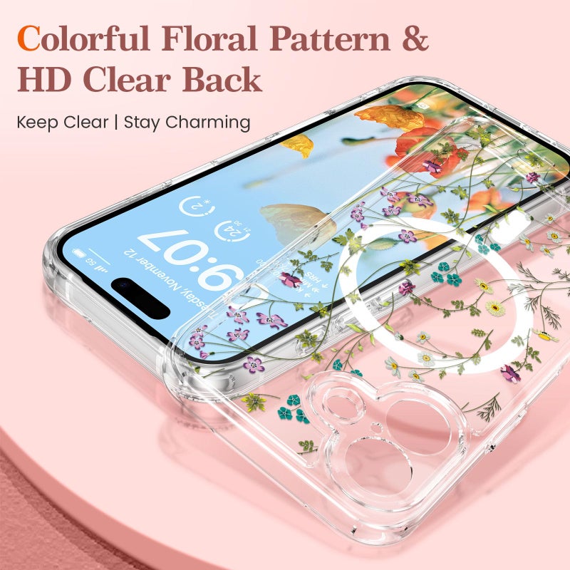 RALEAVO for iPhone 17 Case Compatible with MagSafe Clear Floral Cover with Flower Branch Pattern for Girls Women Slim Cute Hard Back Shockproof Phone Case for iPhone 17,Transparent - Image 2
