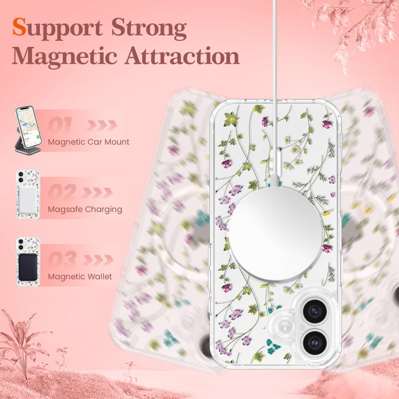 RALEAVO for iPhone 17 Case Compatible with MagSafe Clear Floral Cover with Flower Branch Pattern for Girls Women Slim Cute Hard Back Shockproof Phone Case for iPhone 17,Transparent - Image 5