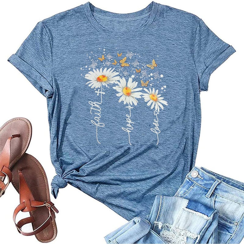 Bealatt Womens Faith Hope T Shirts Summer Christian Daisy Graphic Tees Casual Butterfly Shirts Ink Blue,XL - Image 1