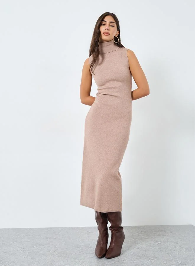 Styli Styli Beige Sleeveless Flat Knit Midi Dress