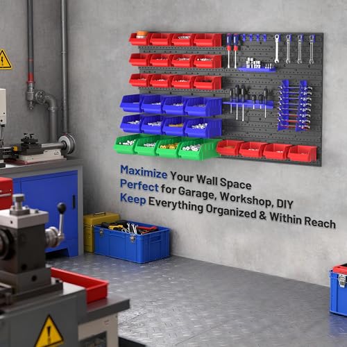 WORKPRO Pegboard Organizer Wall Mounted, 44PC Tool Storage Rack with Bins and Hooks, Peg Board Wall Organizer for Garage Organization, Workshop, Craft Room, Tool Wall Storage System - Image 2