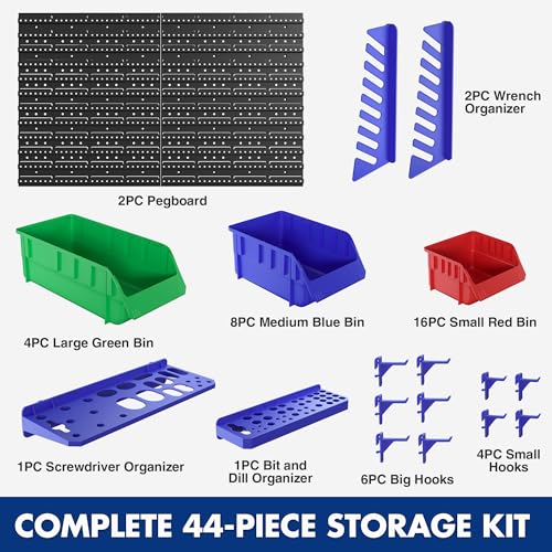WORKPRO Pegboard Organizer Wall Mounted, 44PC Tool Storage Rack with Bins and Hooks, Peg Board Wall Organizer for Garage Organization, Workshop, Craft Room, Tool Wall Storage System - Image 3