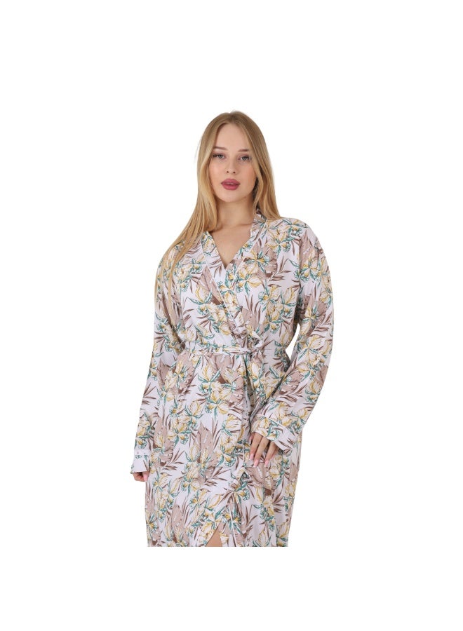 ZECOTEX Women's Premium Cotton Tropical Printed Full-Length Long Sleeve Wrap Robe with Waist Tie - Image 3
