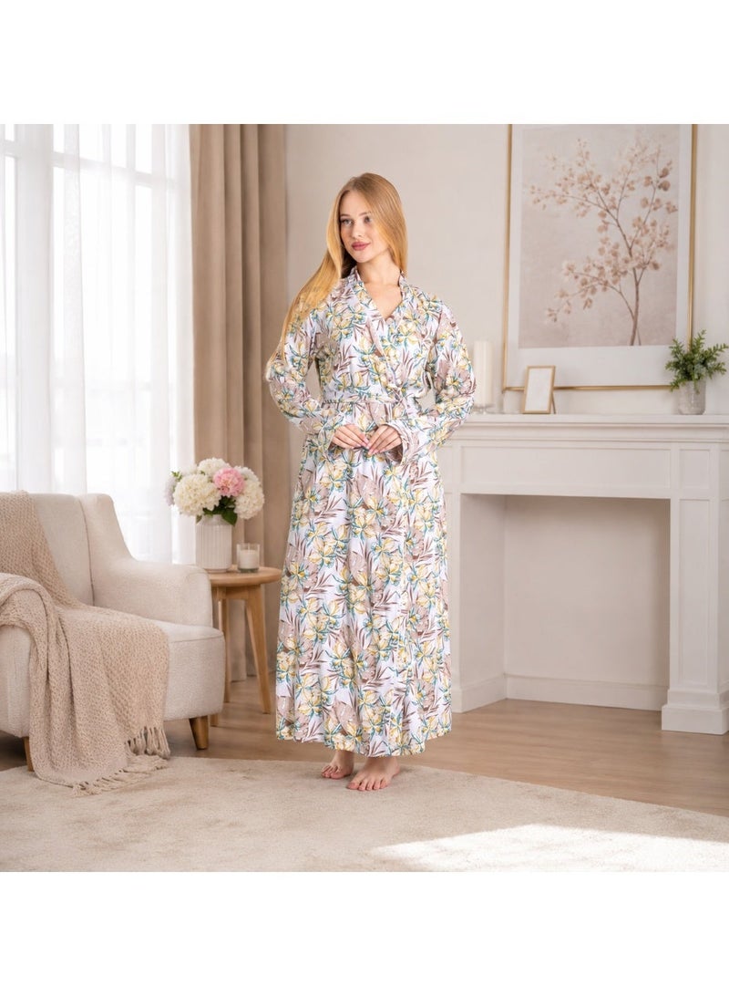 ZECOTEX Women's Premium Cotton Tropical Printed Full-Length Long Sleeve Wrap Robe with Waist Tie - Image 4